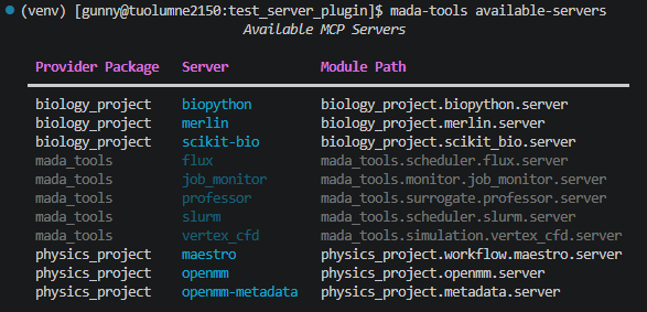 Output of mada-tools available-servers