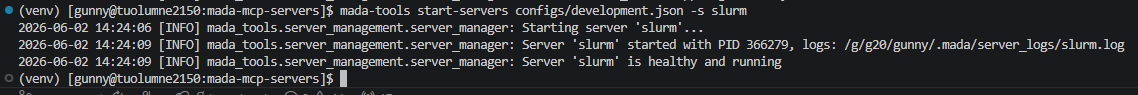 Output of start-servers command with -s option
